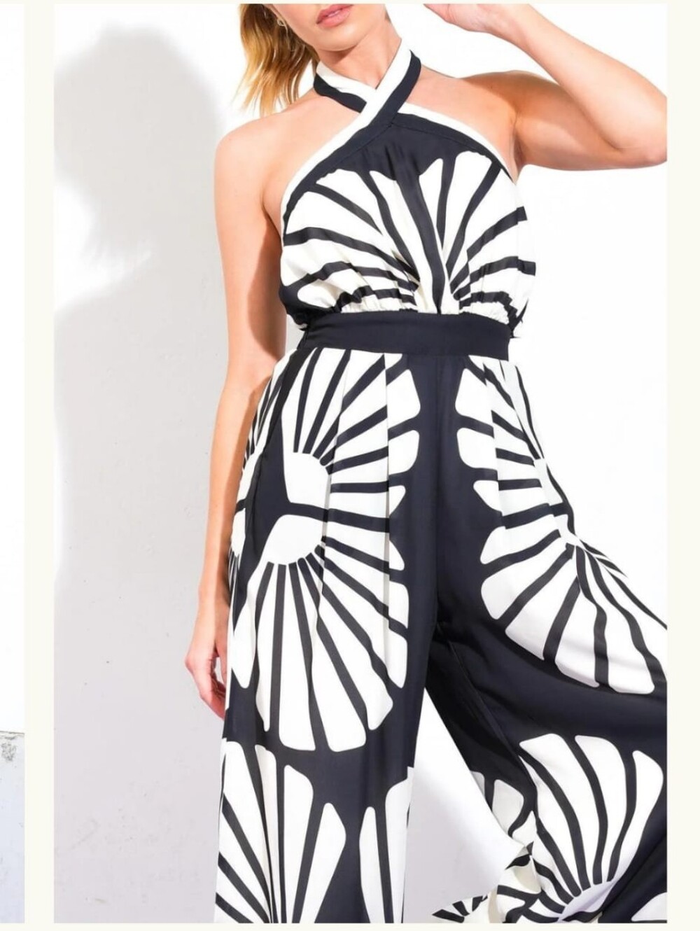 Flying Tomato Black & White Graphic Halter Wide-Leg Jumpsuit - Picture 3 of 3